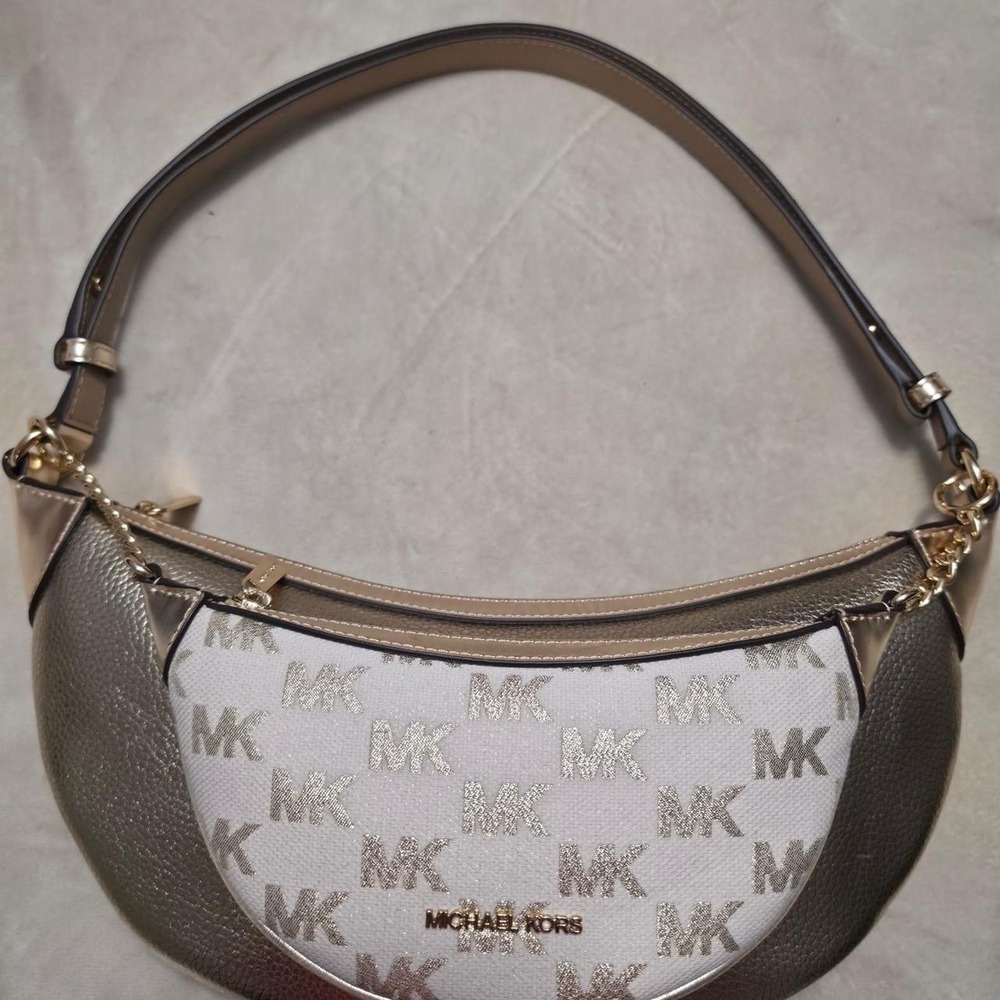 Michael Kors Small Shoulder Bag Pale Gold Metallic Monogram Zip Crescent